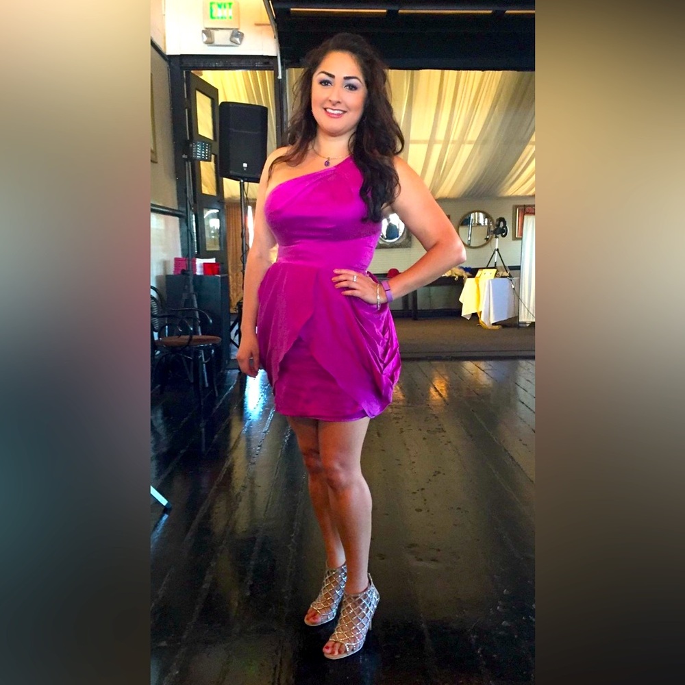 One shoulder fuchsia silk tulip hemmed dress
